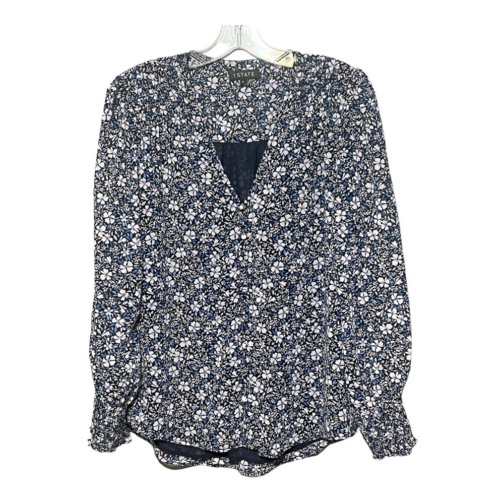 1. State Ditsy Floral Ruffle V-Neck Blouse Small Blue Long Sleeve Smocked Top